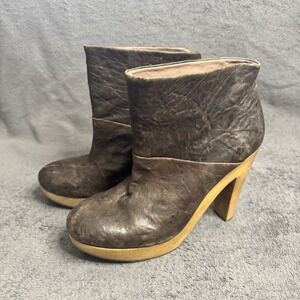 Theory Distressed Leather Wooden Platform Ankle Booties Western Size 38.5 US 8
